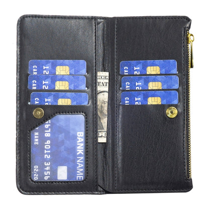 Black diamond lattice flip wallet case with card slots and zippered coin pocket