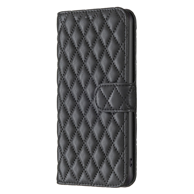 Black leather flip phone case with diamond lattice texture and foldover strap