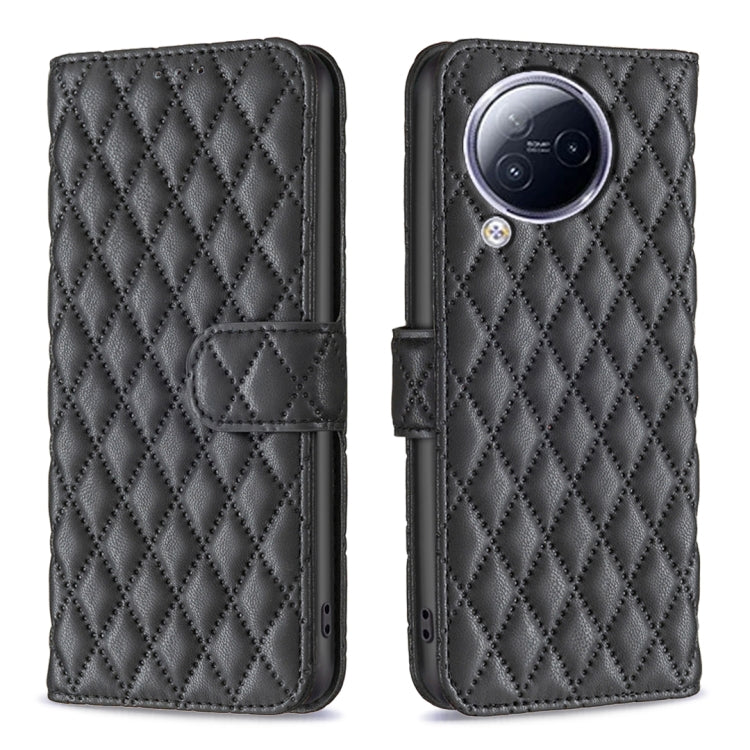 Black diamond-lattice leather wallet flip phone case with camera cutout