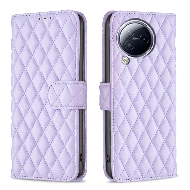 Lavender diamond-lattice leather wallet flip phone case with magnetic strap