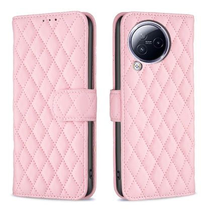 Pink diamond-lattice leather wallet flip phone case with magnetic strap and camera cutout