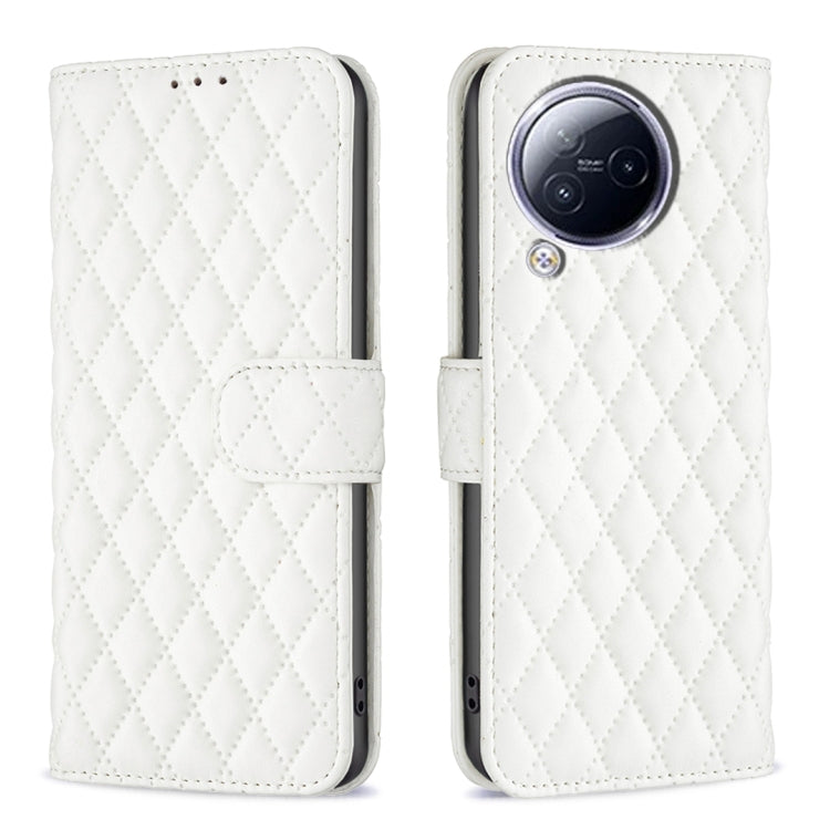 White diamond lattice leather flip phone case with magnetic strap and camera cutout