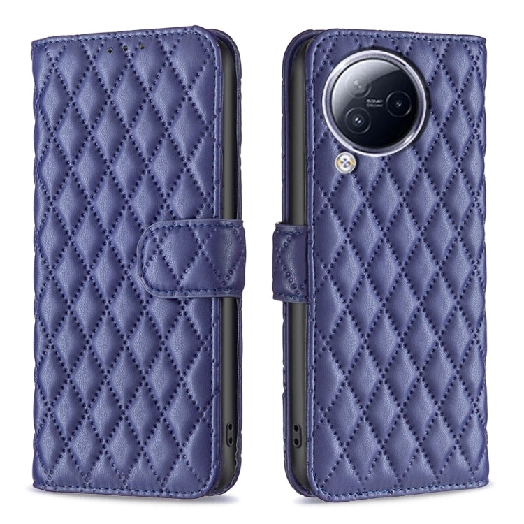 Purple diamond lattice leather flip phone case with front camera opening and strap
