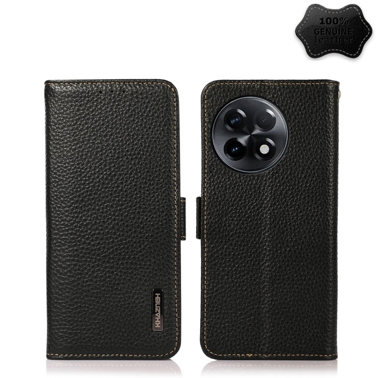 Black litchi-textured genuine leather RFID phone case with side magnetic closure
