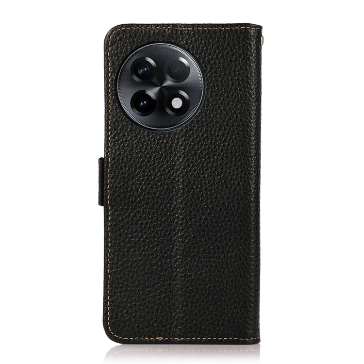 Black litchi-textured genuine leather RFID phone case with camera cutout