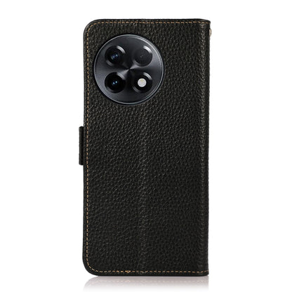 Black litchi-textured genuine leather RFID phone case with camera cutout