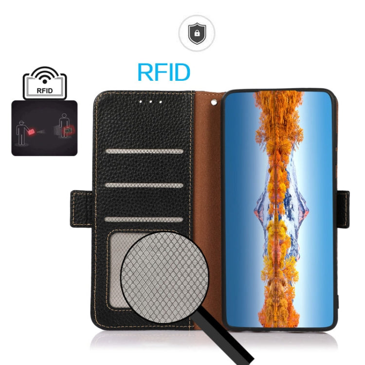 Black genuine leather RFID phone case with fold-open card slots and magnetic closure