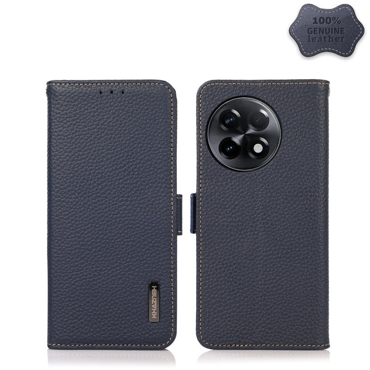 Blue litchi-textured genuine leather RFID phone case with side magnetic closure