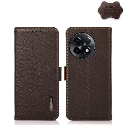 Brown litchi-textured genuine leather RFID phone case with side magnetic closure