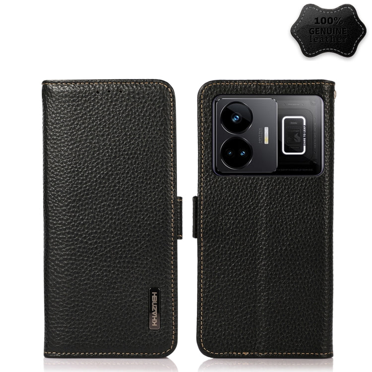 Black litchi-textured genuine leather RFID phone case with camera and card window