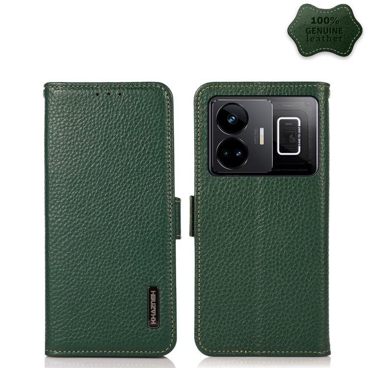Green litchi-grain genuine leather side magnetic phone wallet case with camera cutout