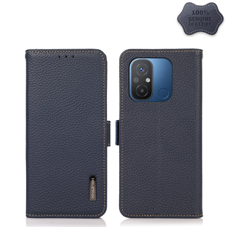 Blue litchi-grain genuine leather side magnetic phone wallet case with camera cutout