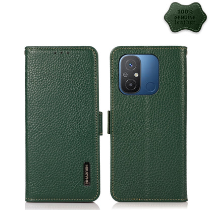 Green litchi-grain genuine leather side magnetic phone wallet case with camera cutout