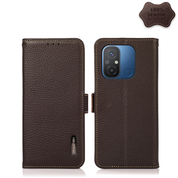 Brown litchi-grain genuine leather side magnetic phone wallet case with camera cutout