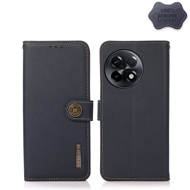 Genuine leather RFID phone case, dark blue flip wallet with camera cutout and snap strap