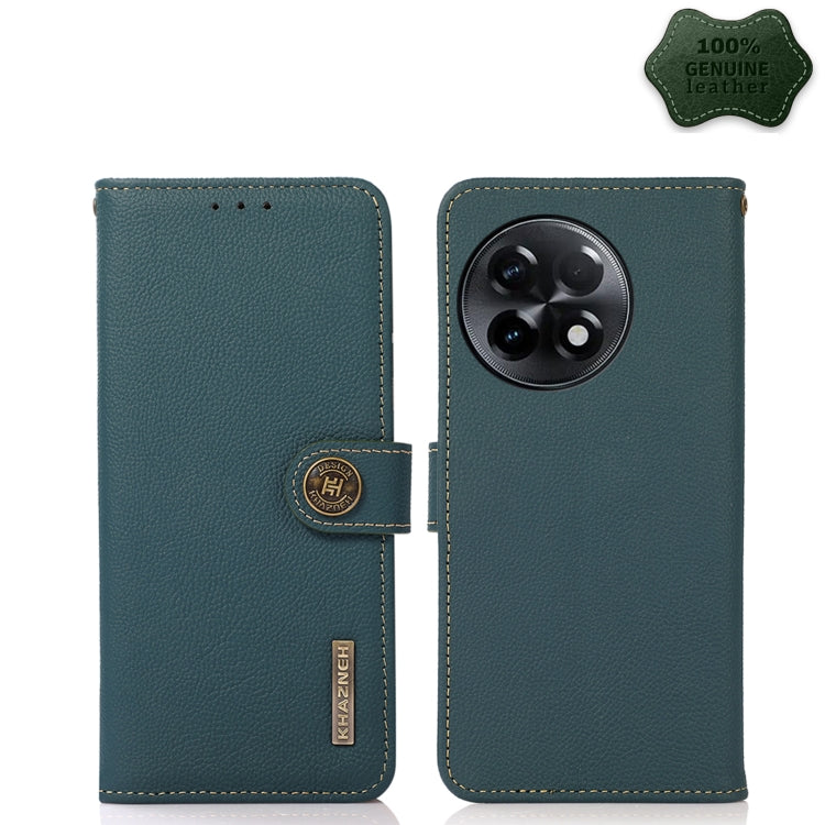 Genuine leather RFID phone case, green flip wallet with camera cutout and stitched border
