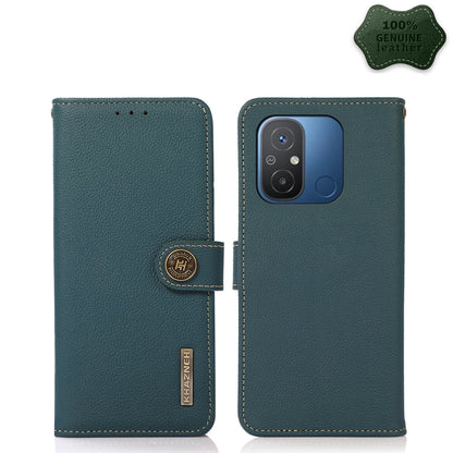Green genuine leather phone case with magnetic flap and stitched edges