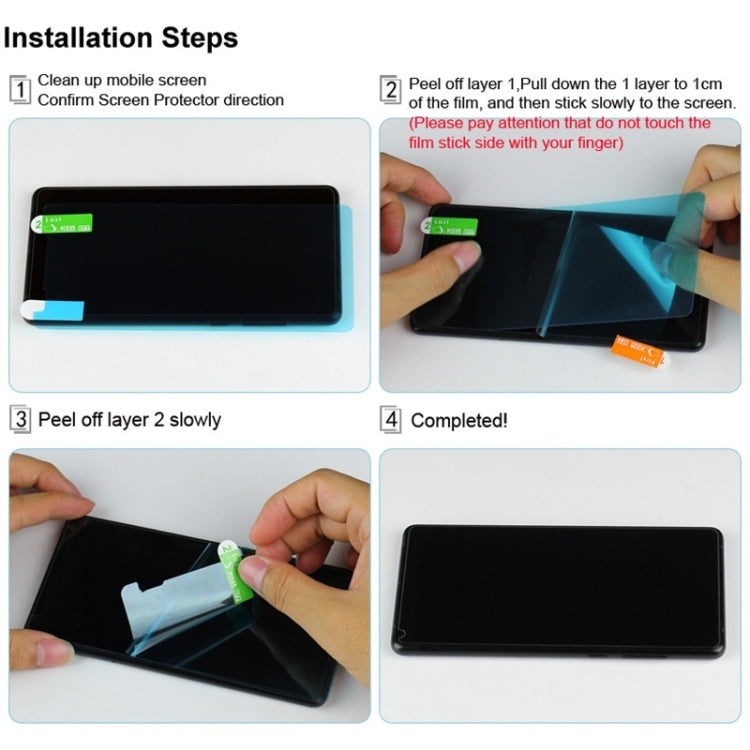 Mobile screen protector film installation steps with alignment and smoothing onto the screen