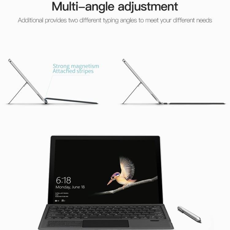 Bluetooth keyboard case with trackpad shown with tablet screen and stylus, angled