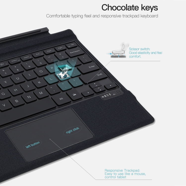 Magnetic Bluetooth keyboard leather case showing smooth trackpad and backlit key area