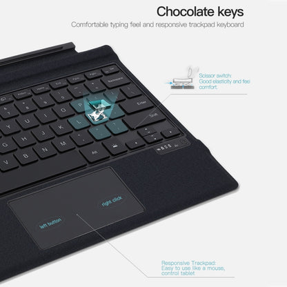 Magnetic Bluetooth keyboard leather case showing smooth trackpad and backlit key area