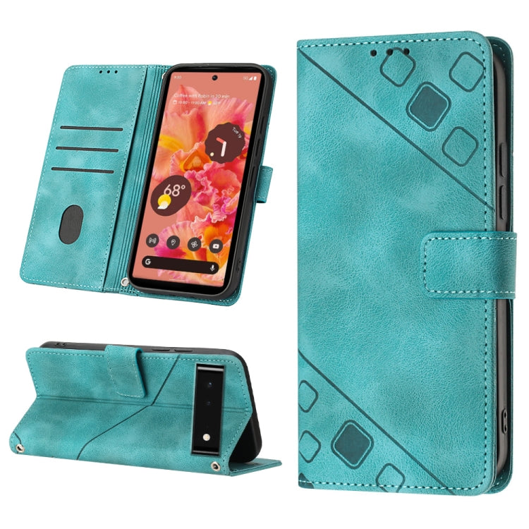 Teal embossed leather phone case with folio stand and geometric pattern