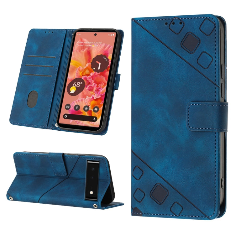 Blue embossed leather phone case with folio stand and diagonal geometric pattern