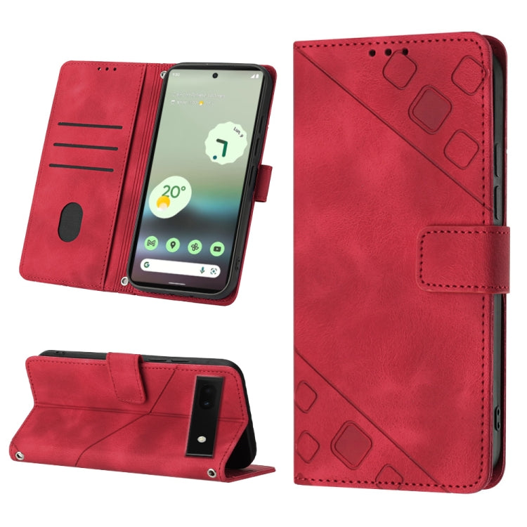 Embossed leather phone case in red with folio wallet, card slots, and stand