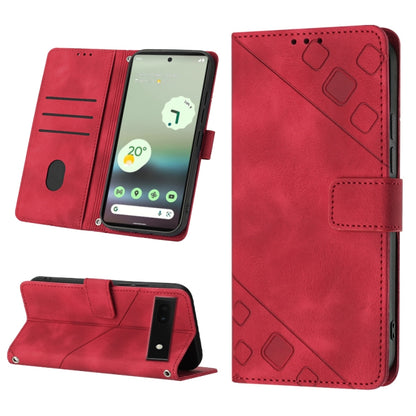 Embossed leather phone case in red with folio wallet, card slots, and stand