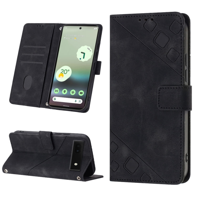 Embossed leather phone case in black with folio wallet, card slots, and stand