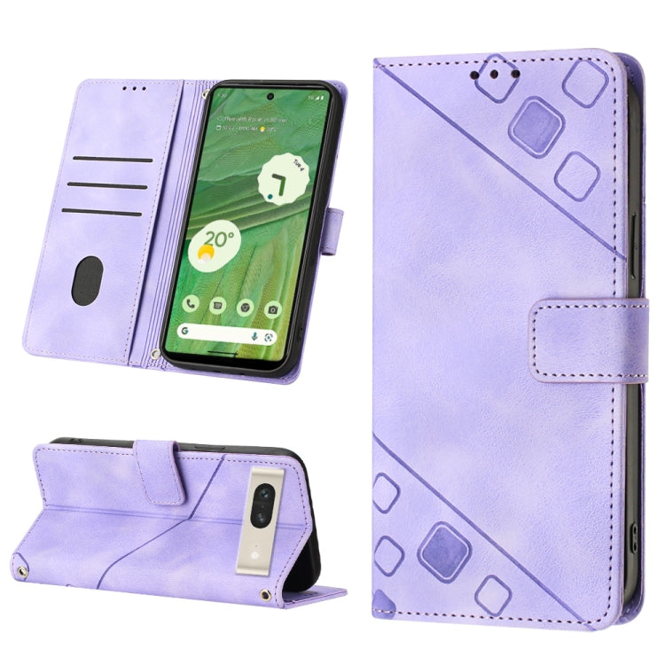 Embossed leather phone case in light purple with folio wallet, card slots, and stand