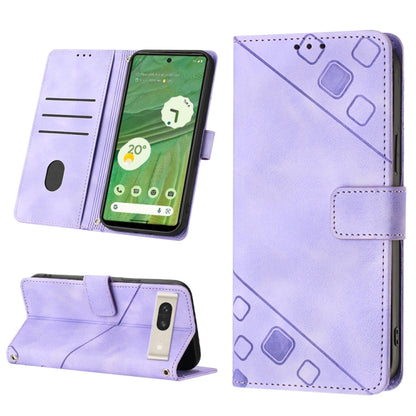 Embossed leather phone case in light purple with folio wallet, card slots, and stand