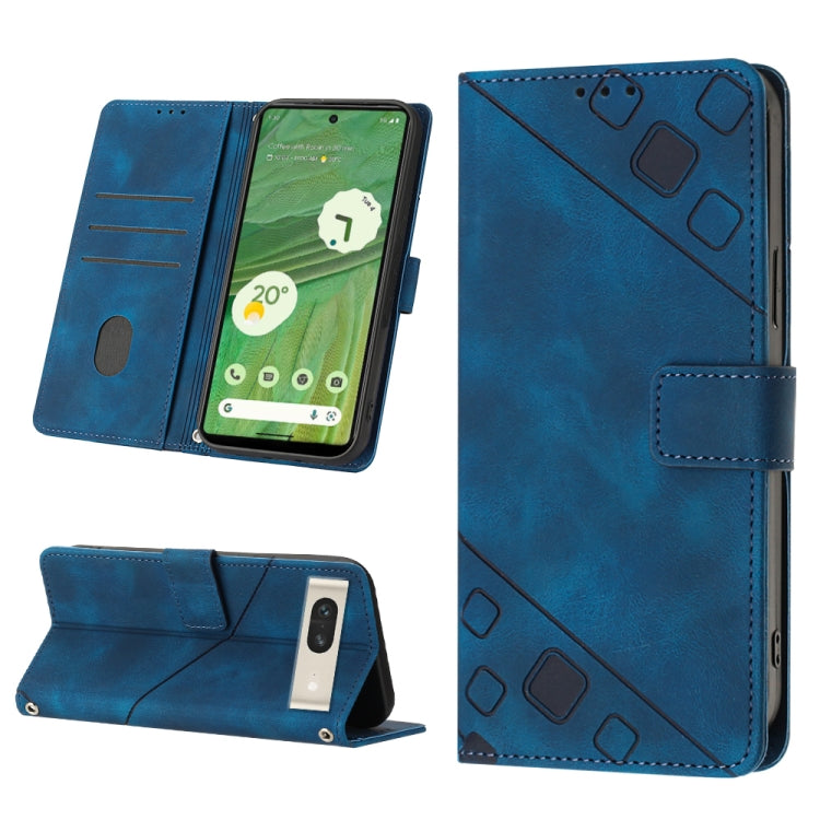 Embossed leather phone case in blue with folio wallet, card slots, and stand