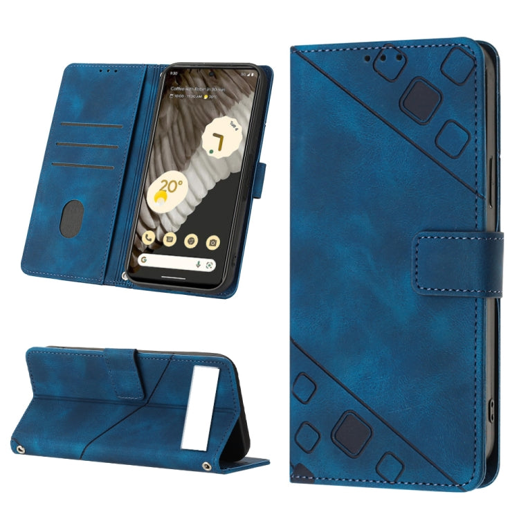 Embossed leather phone case with folio wallet, deep blue color, embossed geometric details