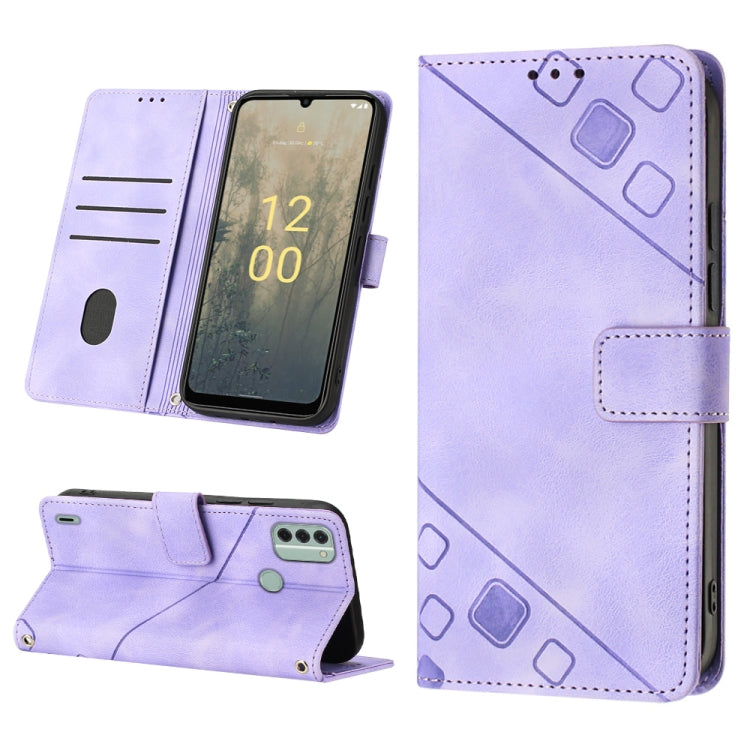 Light purple embossed leather phone case with folio wallet and geometric pattern
