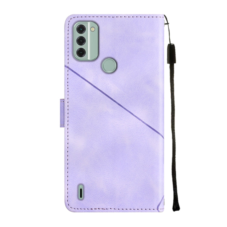 Light purple embossed leather phone case with camera cutout and magnetic strap