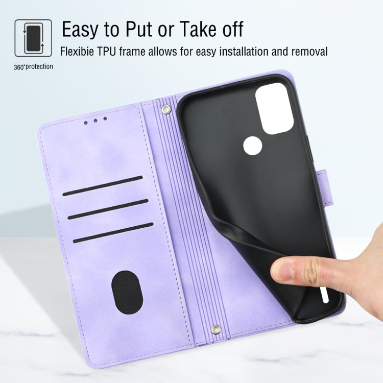 Light purple embossed leather phone case with flexible TPU frame for easy fit