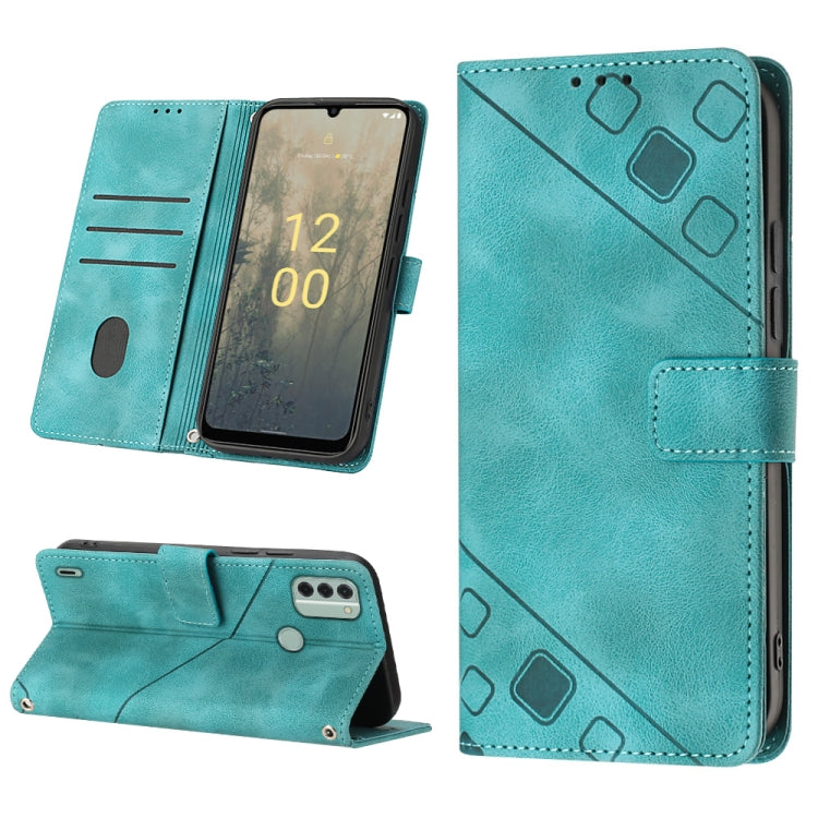 Green embossed leather folio phone case with geometric pattern and card pocket