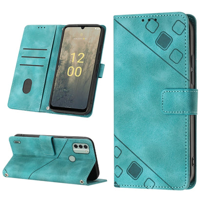 Green embossed leather folio phone case with geometric pattern and card pocket