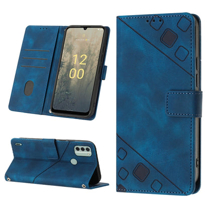 Blue embossed leather phone case folio with stand, card slots, and diamond pattern