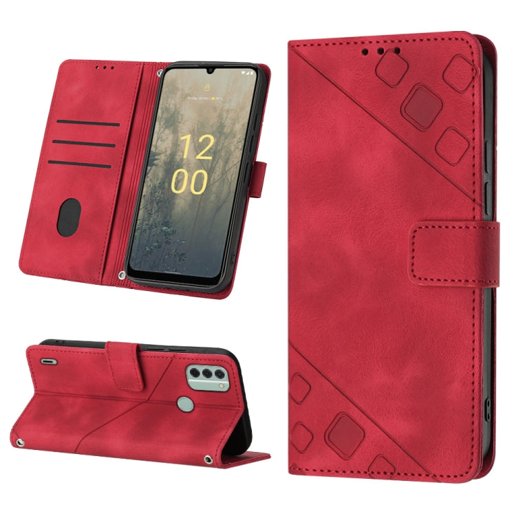Red embossed leather folio phone case with stand, card slot, and magnetic flap