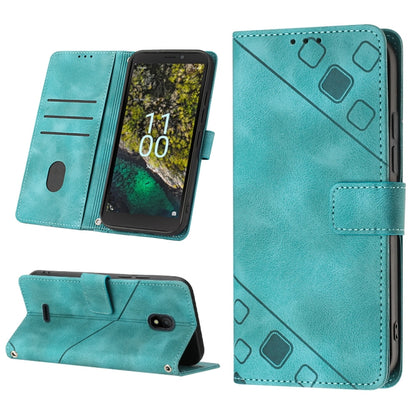 Teal embossed leather phone case folio with stand, card slots, and geometric pattern