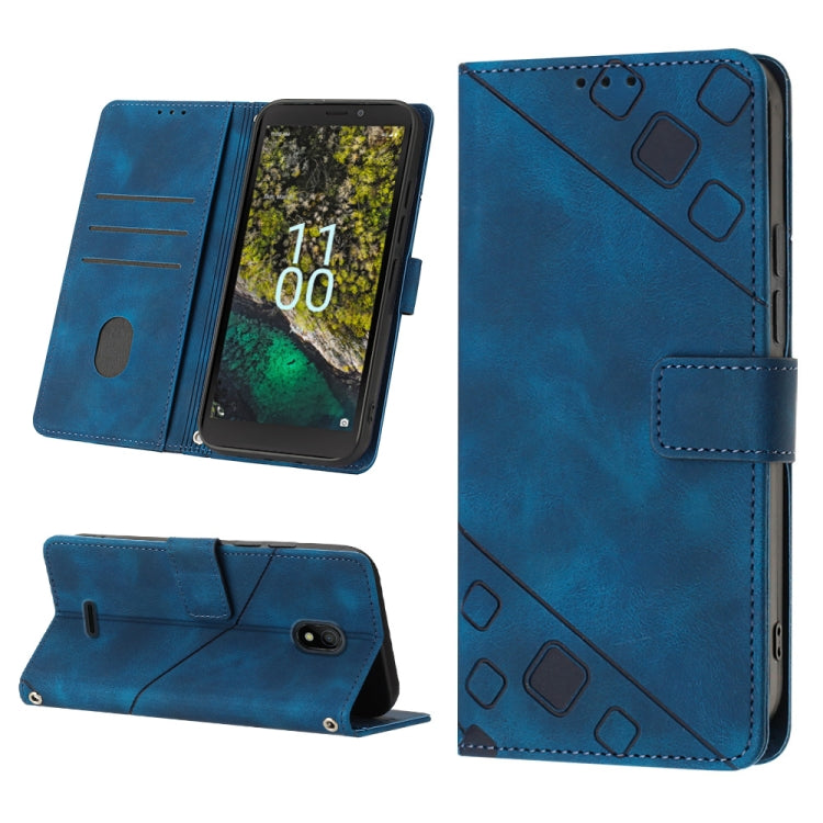 Blue embossed leather folio phone case with stand, card slots, and geometric embossing