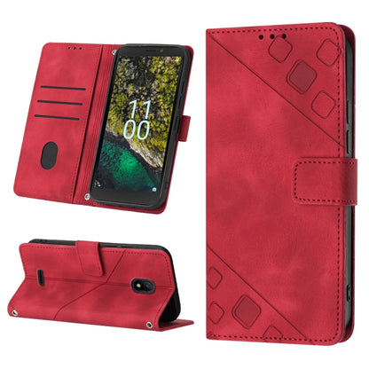Red embossed leather folio phone case with stand, card slot, and magnetic flap