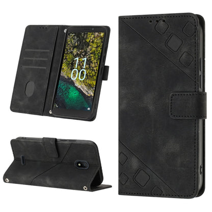 Black embossed leather wallet phone case with kickstand and card slots.