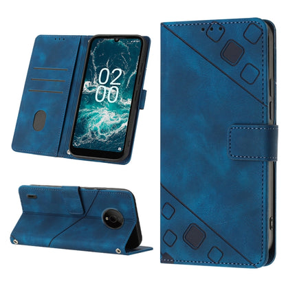 Blue embossed leather folio phone case with stand, card slot, and magnetic flap