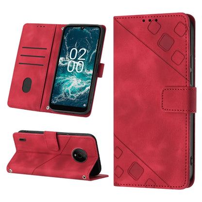 Red embossed leather folio phone case with stand, card slot, and magnetic flap