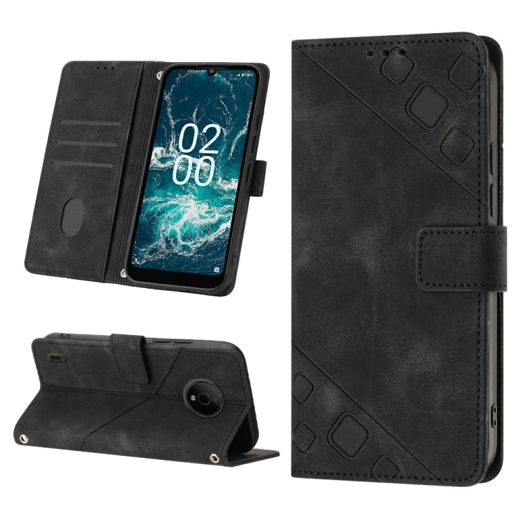 Black embossed leather wallet phone case with kickstand and card slots.