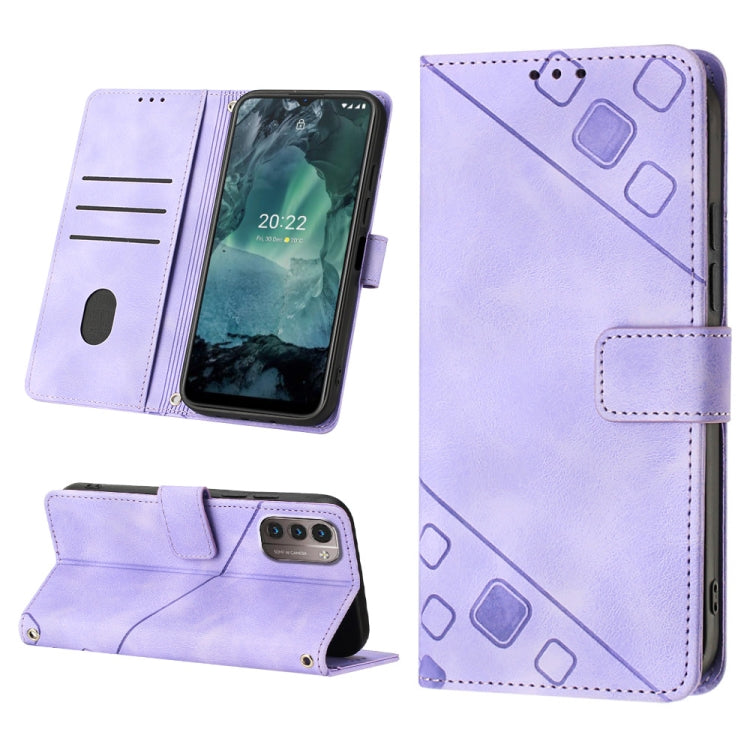 Light purple embossed leather phone case with folio wallet cover and geometric embossing
