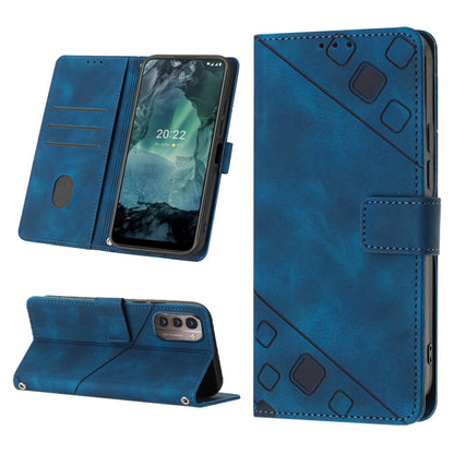 Blue embossed leather folio phone case with stand, card slot, and magnetic flap